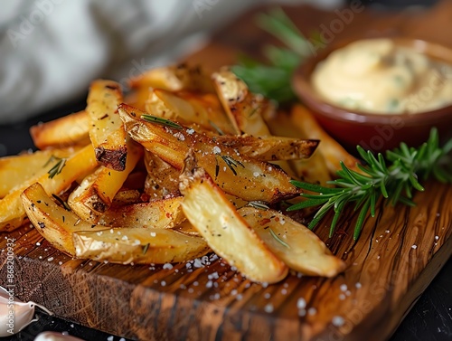 Herb-infused fries with rosemary and thyme, presented on a rustic wooden board with a side of garlic aioli photo