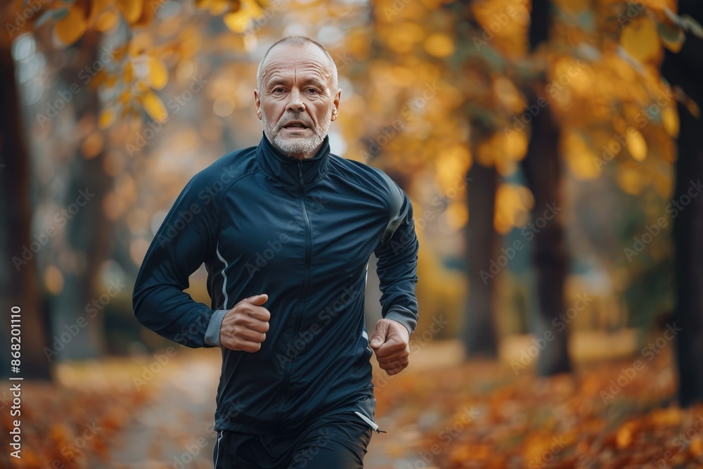 Senior Man Jogging in Autumn Park Wearing Black Sports Jacket Senior Man Jogging in Autumn Park Wearing Black Sports Jacket