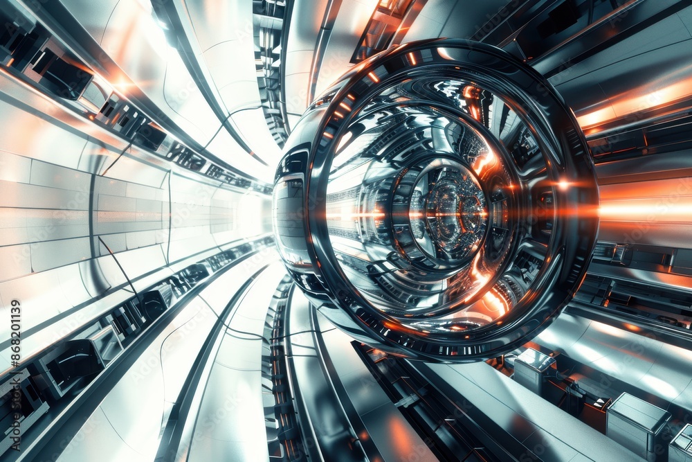 Futuristic spaceship interior with glowing energy core and metallic corridor. Concept of space travel, technology, and science fiction. Futuristic spaceship interior with glowing energy core and metallic corridor. Concept of space travel, technology, and science fiction.
