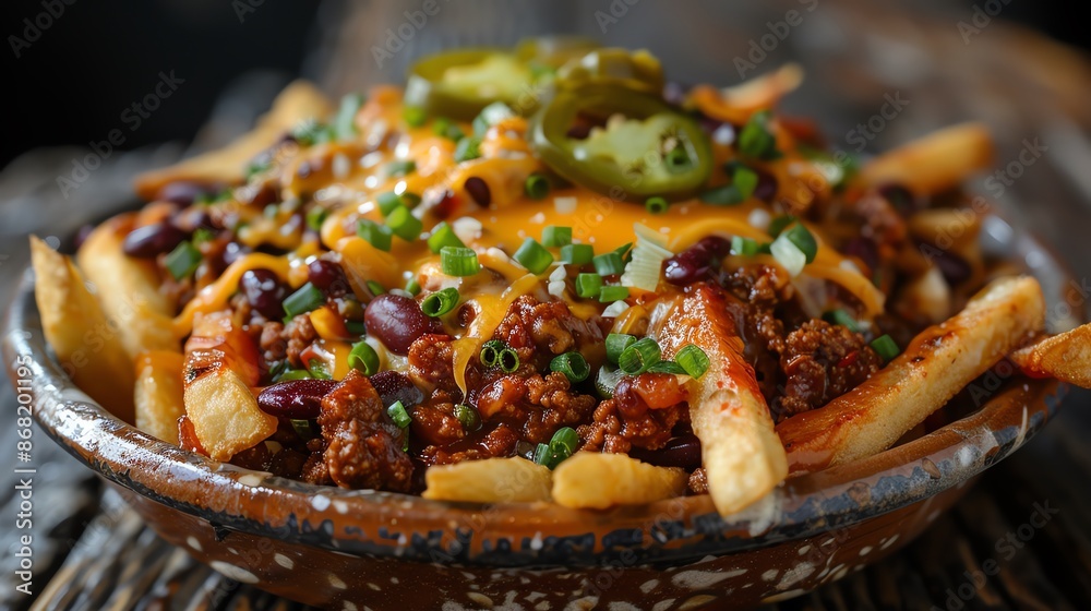 Loaded chili fries with melted cheese and jalapenos, presented in a rustic bowl Loaded chili fries with melted cheese and jalapenos, presented in a rustic bowl