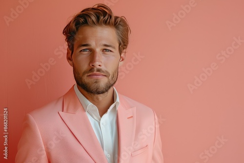 Confident Young Man in Pink Suit Posing Against Peach Background photo