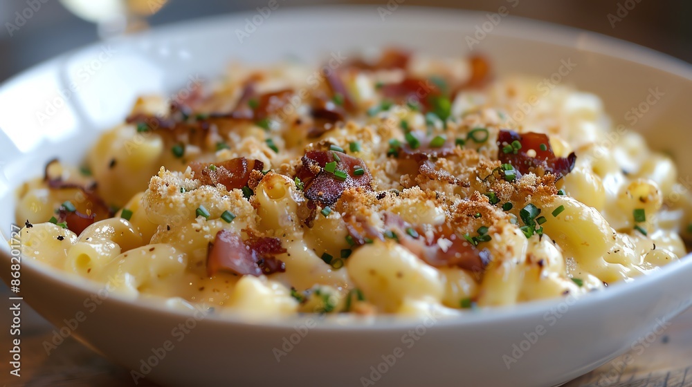 Mac and cheese with smoked gouda and crispy prosciutto, presented in an elegant white bowl Mac and cheese with smoked gouda and crispy prosciutto, presented in an elegant white bowl