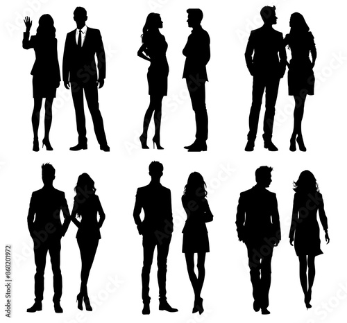 Silhouettes of people in various poses on a transparent background