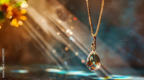A solitary glass teardrop pendant hanging from a delicate chain, with light passing through the glass to create colorful reflections photo