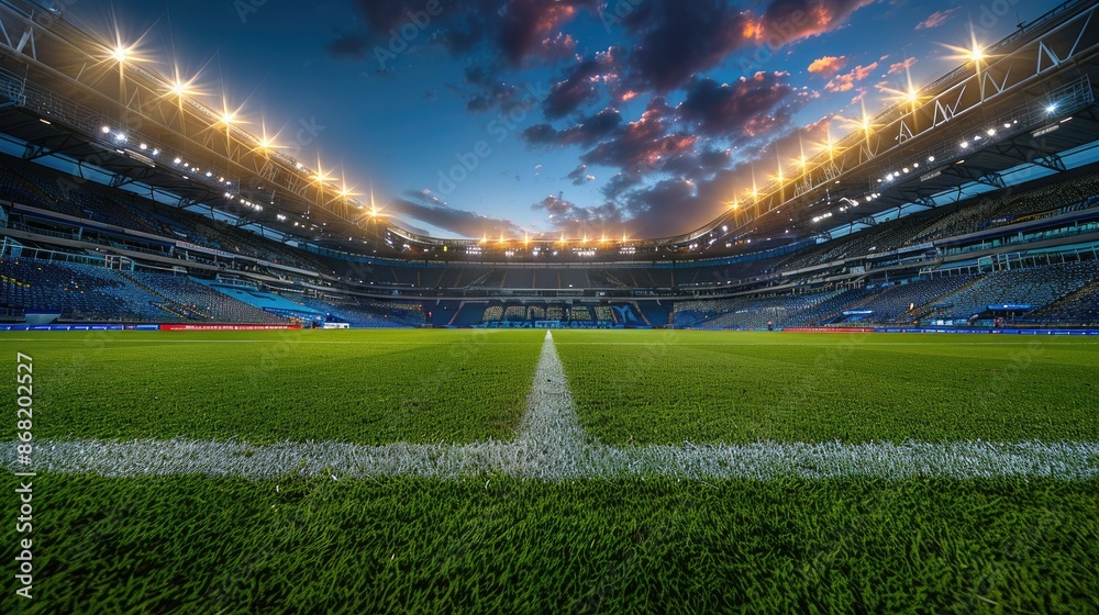 ** Majestic Stadium Under Evening Sky with Illuminated Lights and Green Grass Field
