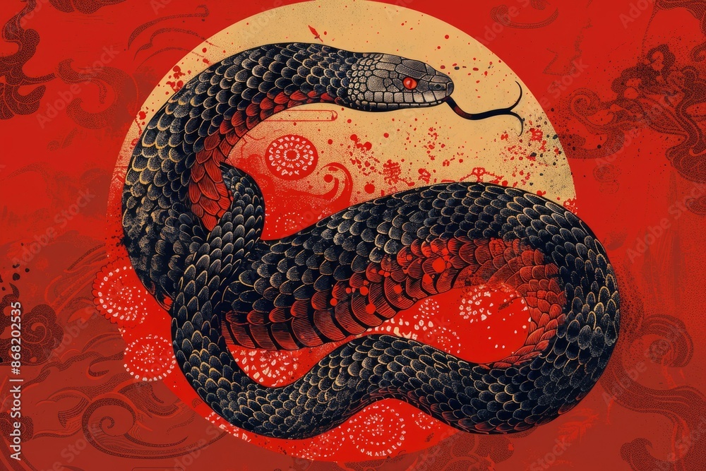 Naklejka premium Intricate Black Snake Illustration Against Red and Gold Background
