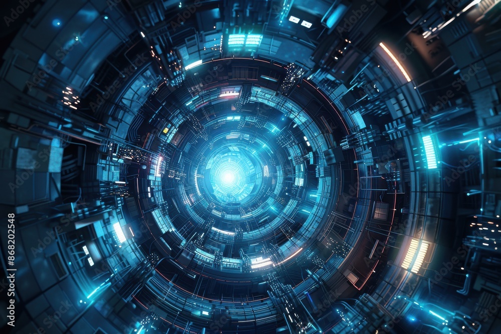 Futuristic Sci-Fi Tunnel with Glowing Lights and Technology, Concept Art of Digital Space Travel Futuristic Sci-Fi Tunnel with Glowing Lights and Technology, Concept Art of Digital Space Travel