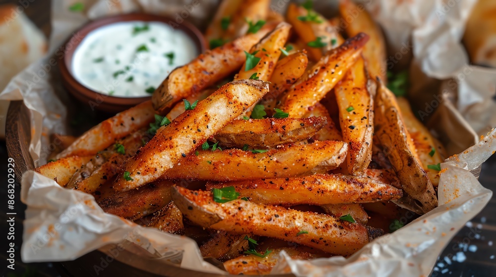 Spicy Cajun fries with a zesty seasoning, served in a rustic basket with a side of ranch dressing Spicy Cajun fries with a zesty seasoning, served in a rustic basket with a side of ranch dressing