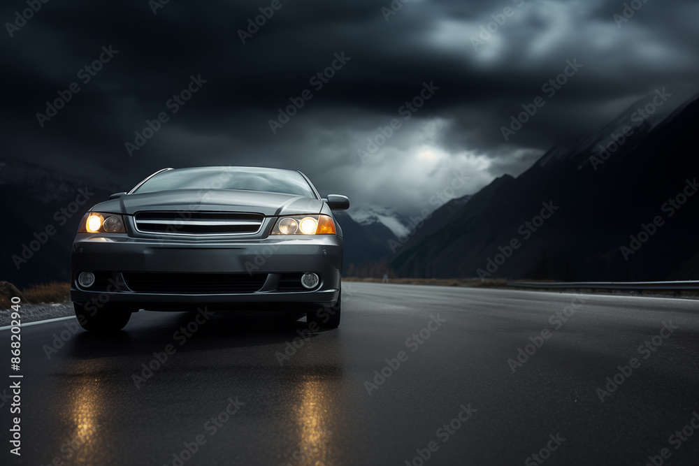A car under overcast lighting view from ground. Generative AI A car under overcast lighting view from ground. Generative AI