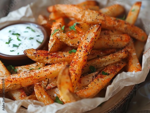 Spicy Cajun fries with a zesty seasoning, served in a rustic basket with a side of ranch dressing