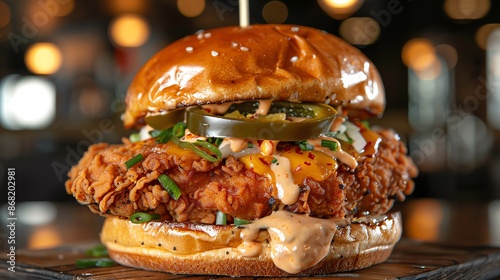 Spicy fried chicken sandwich with jalapenos, pepper jack cheese, and chipotle mayo, served on a brioche bun