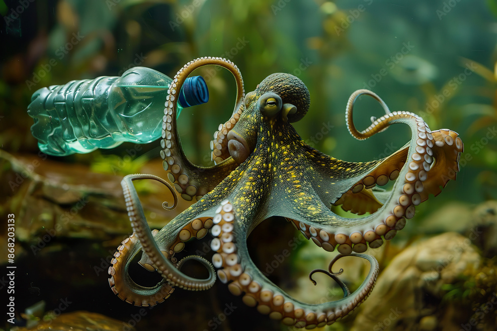 Fototapeta premium A large octopus is holding a plastic bottle in its mouth, generative ai image.