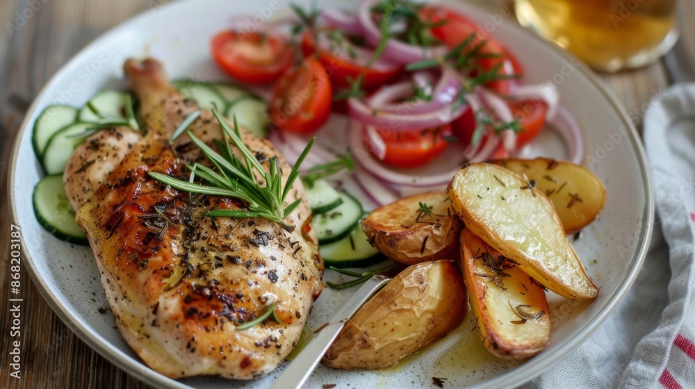 Plate of food chicken, potatoes, tomatoes, onions, cucumbers on table