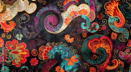 Colorful Fabric With Golden Embroidered Floral Patterns