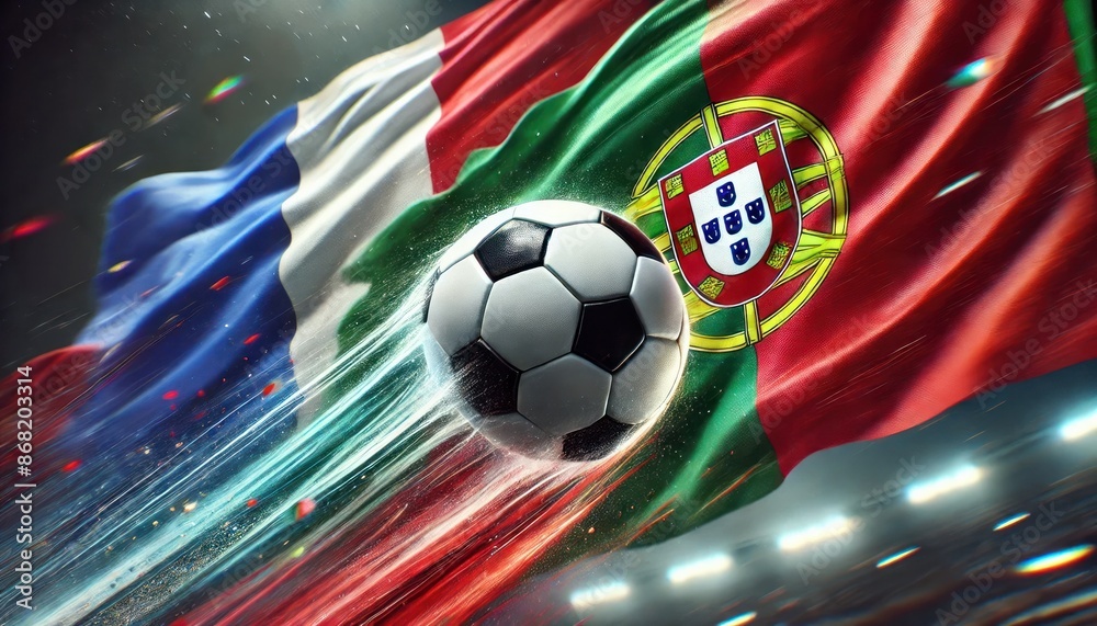 Fototapeta premium A dynamic soccer ball flies in the air with two separate flags in the background, one of France on the left and one of Portugal on the right. The soccer ball is prominently in focus, with a motion blu