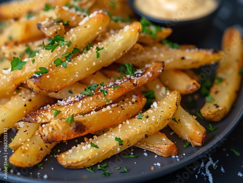 Truffle Parmesan fries with a sprinkle of parsley, served on a stylish black plate with a side of aioli photo