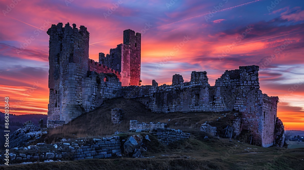 An ancient castle on a hill at twilight, with its towers and battlements silhouetted against a sky ablaze with sunset colors, creating a dramatic and enchanting atmosphere An ancient castle on a hill at twilight, with its towers and battlements silhouetted against a sky ablaze with sunset colors, creating a dramatic and enchanting atmosphere