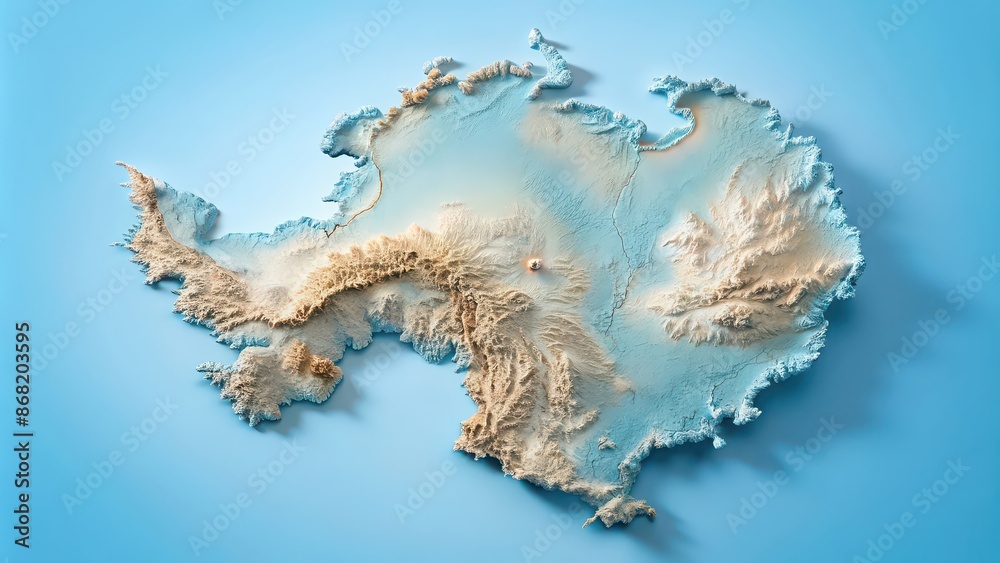 Antarctica political map with terrain relief on light blue background, Antarctica, political map Antarctica political map with terrain relief on light blue background, Antarctica, political map