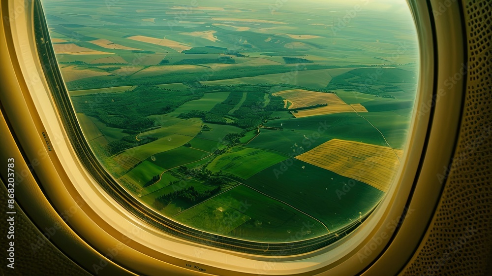 Fototapeta premium Aerial perspective from airplane window of green fields stretching to the horizon
