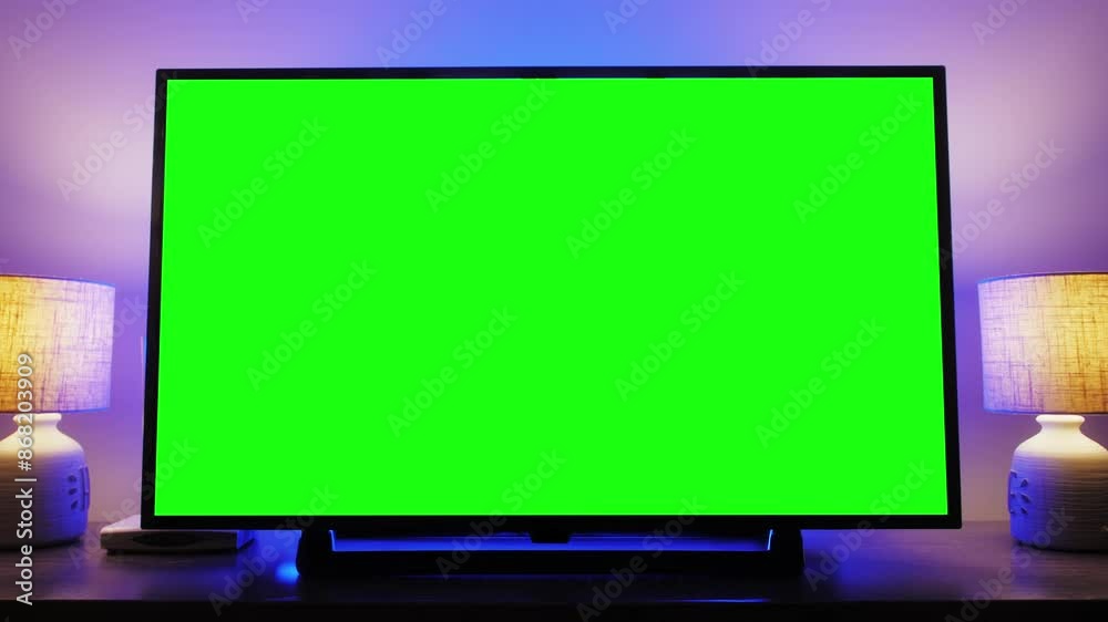 LcD smart TV screen with a blank green background in the living room. Chroma key screen for advertising. LcD smart TV screen with a blank green background in the living room. Chroma key screen for advertising.