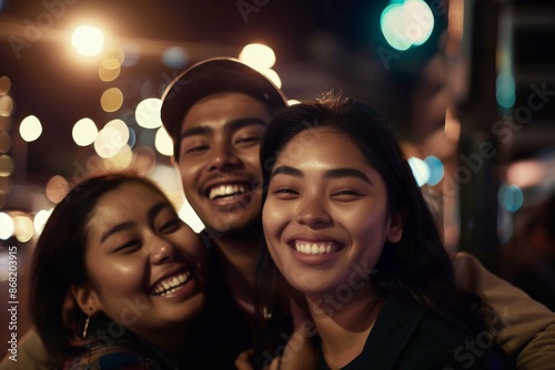 Happy people, portrait or night phone selfie in city for diversity party, New Year event or birthday celebration. Smile, bonding or friends on mobile photography pov, social media or profile picture
