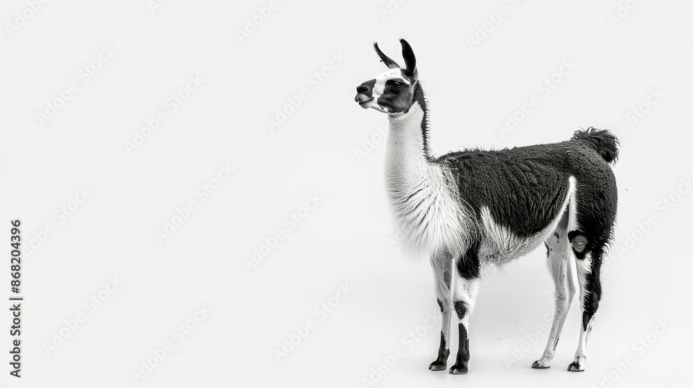 Fototapeta premium Black and white llama standing upright, isolated on a white background, showing its full body