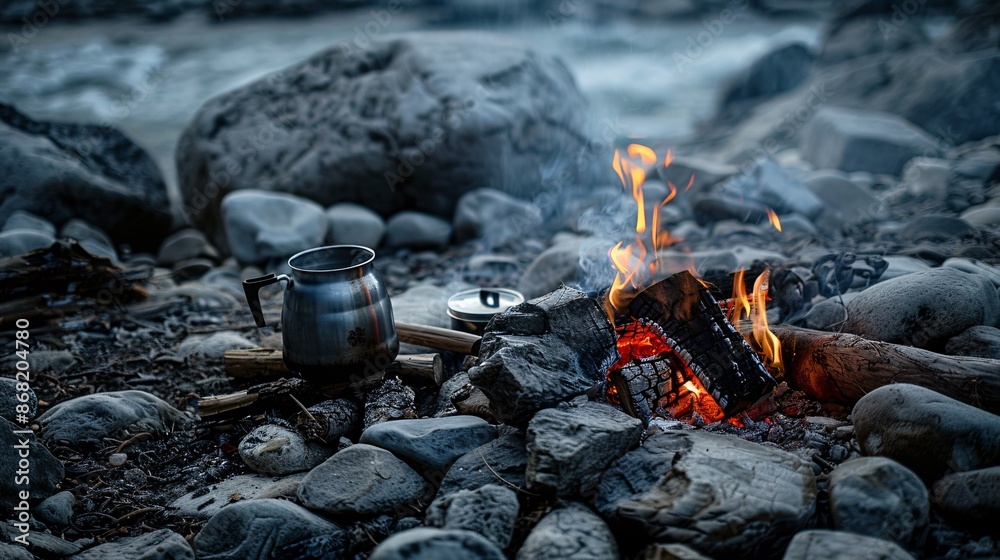 Campfire surrounded by rocks with a pot of coffee brewing