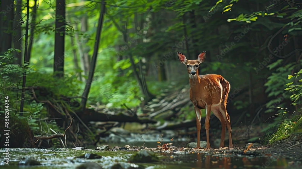 Deer standing near a forest stream, capturing the serene beauty of their natural habitat Deer standing near a forest stream, capturing the serene beauty of their natural habitat