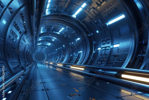 Futuristic Sci-Fi Spaceship Interior with Blue and Orange Lights. Ideal for Space Travel, Technology, and Science Fiction Concepts