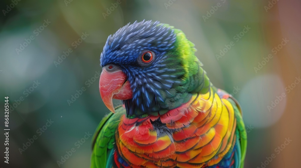 Fototapeta premium Detailed shot of a beautiful parrot, highlighting its vibrant colors and sharp beak