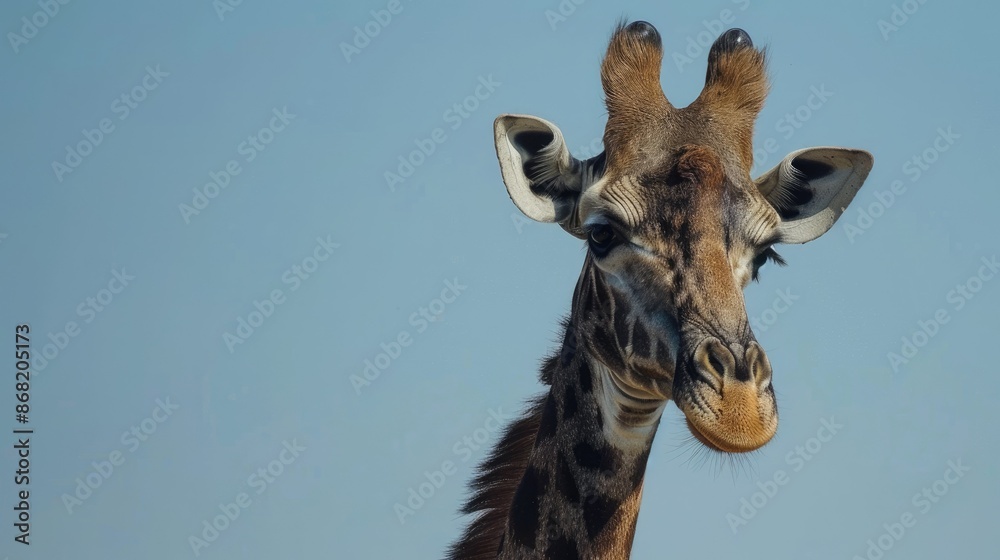 Naklejka premium Detailed shot of a giraffe's head with a clear blue sky in the African background