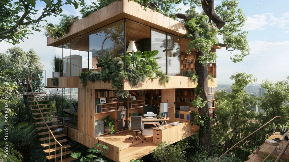 Fototapeta premium Inclusive Treehouse Workspace: Accessible Office for Digital Nomads with Disabilities