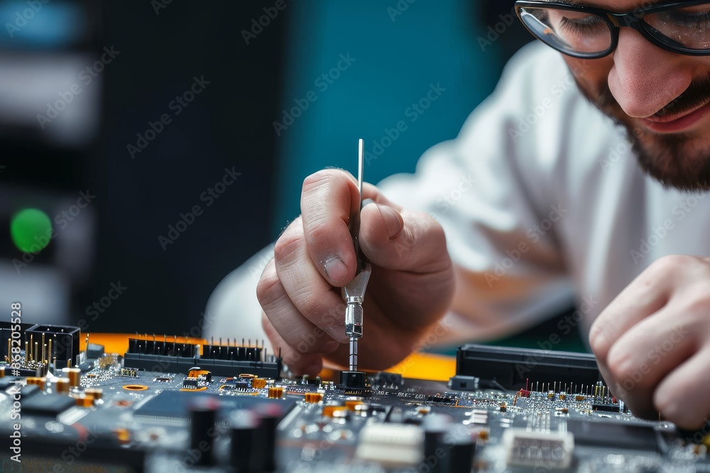 Repairman disassemble motherboard with screwdriver Repairman disassemble motherboard with screwdriver