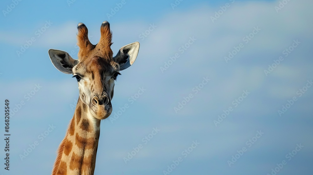 Naklejka premium Giraffe head and neck in close-up, with the expansive blue sky of Africa in the background