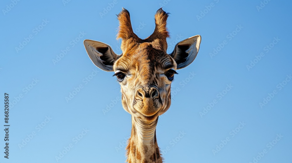 Fototapeta premium Giraffe head shot with a clear blue African sky, highlighting its distinctive features