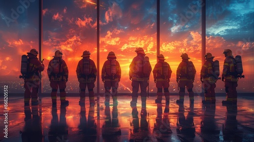 A group of professionals, including a scientist, a manager, and a firefighter, standing with their backs to the picture, gazing outside. 