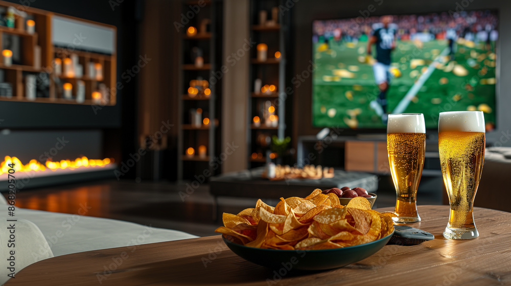 Close-up image of two mugs of beer and chips with TV soccer football match in the blur background. For sports event poster, banner design, website blogs, sportbar decor. International Beer Day. Soccer Close-up image of two mugs of beer and chips with TV soccer football match in the blur background. For sports event poster, banner design, website blogs, sportbar decor. International Beer Day. Soccer