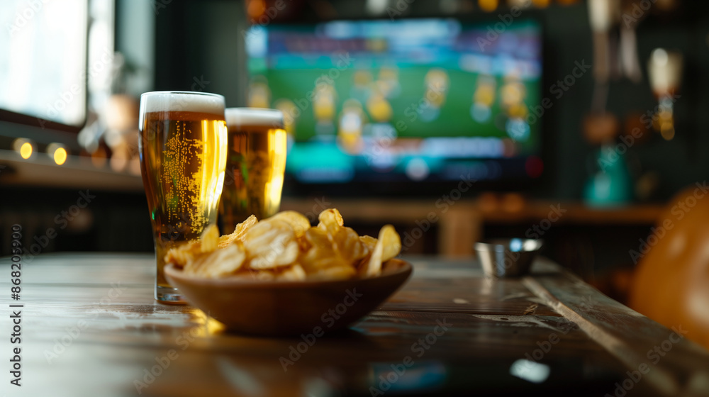 Naklejka premium Close-up glass of beer stand on the table at the blur TV soccer match bokeh background. Background for sports event poster, banner design, website banners. International Beer Day, Olympic Games 