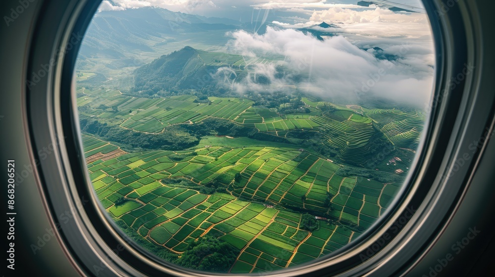 Scenic view from airplane window above a rich tapestry of green agricultural land Scenic view from airplane window above a rich tapestry of green agricultural land