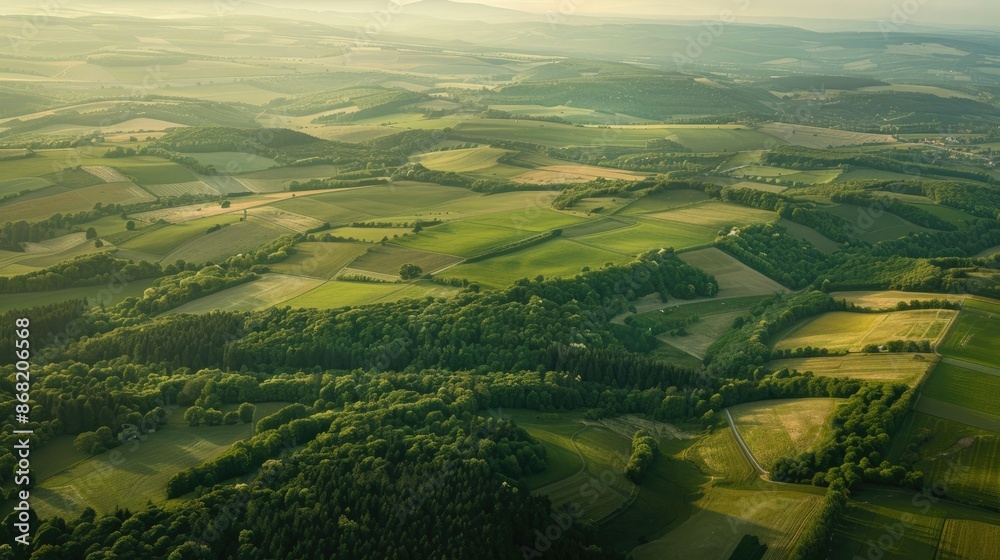 Fototapeta premium Stunning aerial view from airplane window, capturing verdant forests and open fields
