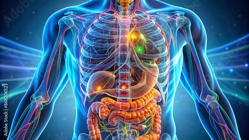 Vibrant 3D visualization of the pancreas anatomy showcasing intricate details of digestive system organs and structures in mesmerizing AI-generated illustration.