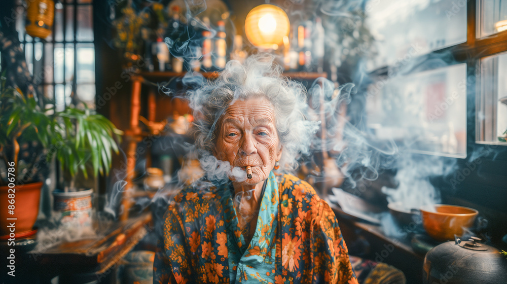 A woman, her hair a silver cloud, sits in a dimly lit apartament, her face partially obscured by billowing smoke from her cigarette. The room is filled with the scent of time and tobacco A woman, her hair a silver cloud, sits in a dimly lit apartament, her face partially obscured by billowing smoke from her cigarette. The room is filled with the scent of time and tobacco