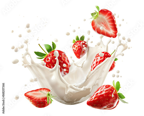 Fresh strawberries splashing into creamy milk or yoghurt, cut out