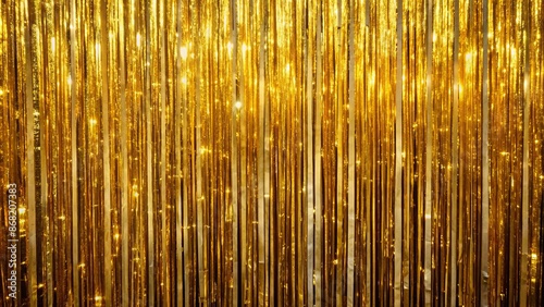 Luxurious shimmering gold tinsel curtain drapes elegantly, creating a wide, glamorous party background with a foil fringe disco-inspired ambiance.