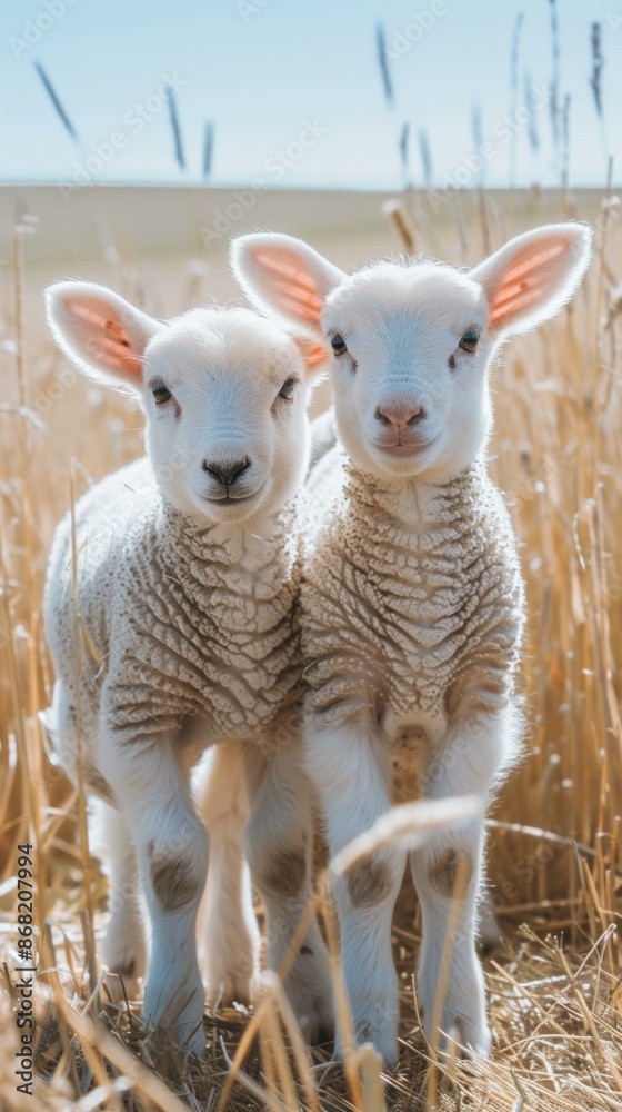 Obraz premium Two cute lambs standing in a field of wheat. AI.
