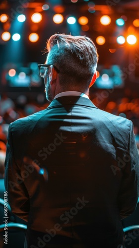 Man in suit standing on a stage with spotlights in the background. AI.