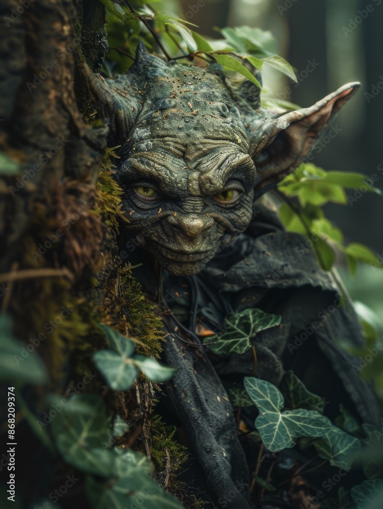 A green creature with yellow eyes peers out from behind a tree. AI.