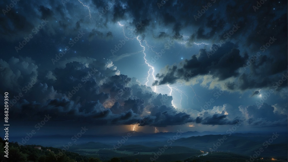 Naklejka premium A beautiful landscape with a stormy sky and lightning. AI.