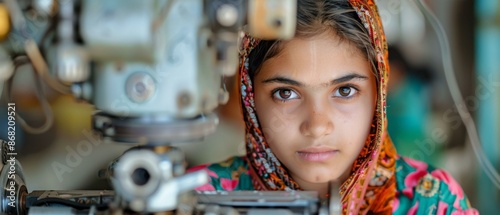 Portrait of a young girl working in a factory. AI. photo