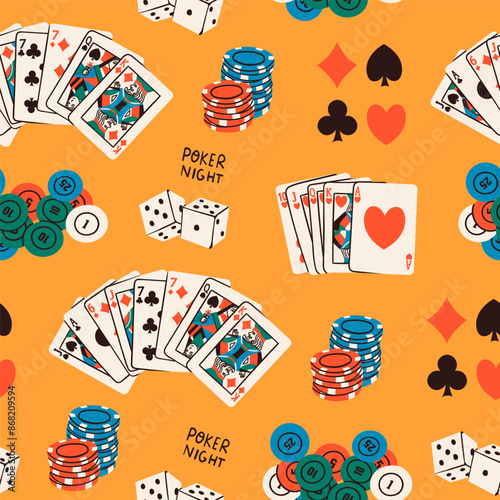 Poker night set. Playing cards, casino chips, token, dice, card suits. Hand drawn Vector illustration. Tournament, game, casino, poker, gambling, fun concept. Square seamless Pattern, background